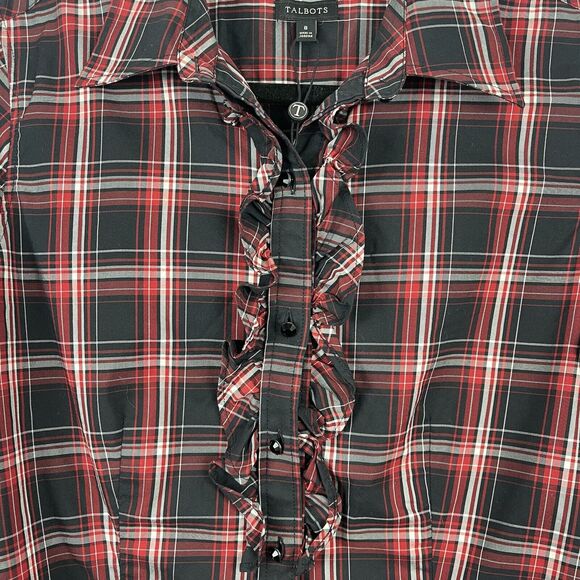 Talbots Top Women 8 Red Black Plaid Ruffle Button Up Blouse Gothic Grunge Twee - Picture 2 of 8